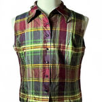 Silk Plaid Sleeveless‎ Blouse Top Button Down Collared Shirt i(E) L Size L Photo 0