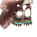 Silver Tone Turquoise Dangle Beaded Hoop Earrings Tribal Western Festival Rodeo Blue Photo 2