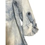 DAZL Chambray Shirt Black Mesh Long Tab Sleeves Longer Back Raw Edge Sz L Blue Size L Photo 2