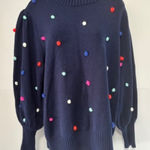 Crown & Ivy 1X Navy Multicolor Pom Pom Sweater Bishop Sleeve Ribbed Party Fun Photo 0