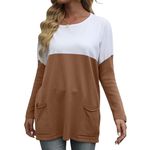 Loose Long Sleeve Color Block Pullover With Pockets Brown Camel Small Photo 1
