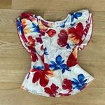 Skies Are Blue  - Floral Print Ruffle Short Sleeve Round Neck Peplum Top in White Photo 0