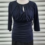 Larry Levine Top Blouse Women's Small Blue Polka Dot Ruched Pullover Casual Photo 0