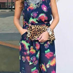 ASTR the Label Abstract Print Sheer Wide Leg Jumpsuit Navy Blue Medium Photo 0