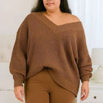 Zenana New Women's Plus Size V-Neck Off The Shoulder Waffle Knit Sweater Camel / Light Brown Sz 2X Photo 0