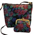 Vintage Unbranded Multi Color Floral Beaded Crossbody Bag and Change Purse Black Photo 0