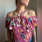 EXPRESS Top Floral Off Shoulder Tropical Ruffle Hawaiian Pink Purple Photo 1