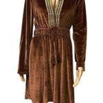 Luukse Brown Boho Velour Embroidered Tie Neck Tassel Mini Midi Dress Medium Photo 2