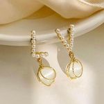 Women's Pearl Letter Cat‘s Eye Stone Dangle Drop Earrings Gold Photo 2