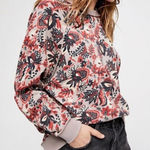 Free People Go On Get Floral Multicolor Oversized Crewneck Sweatshirt Tan Red Photo 0