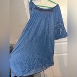 Democracy  Boho Smock Neck Dress Blue Chambray W/Bell Ruffle Sleeves Knee XL Photo 8