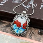 Red Poppy Floral Glass Oval Pendant Stainless Steel Necklace 18” Blue Photo 0