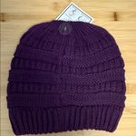 C.C BeanieTail Soft Stretch Cable Knit Messy High Bun Ponytail Beanie in Purple Photo 8