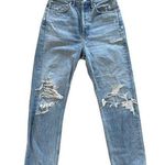 AGOLDE  - 90's Mid Rise Loose Fit Distressed Ripped Straight Leg Jeans in Blue Photo 0