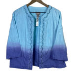 Chico's  Linen Blend Open Cardigan Sweater Sz 1 M Beaded Ombre Blue‎ Embroidered Photo 0