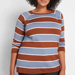 Modcloth  Blue Brown Striped Ribbed Sweater Retro 70s Crewneck Plus Size 1X Photo 0