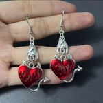 Gothic Bat‎ Heart Shaped Devil Design Silver/Red Zinc Alloy Dangle Earrings Silver Photo 6