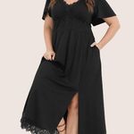 Bloomchic Solid Pocket Contrast Lace Split Maxi Dress Photo 5