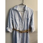 August Silk August Sky Women's Linen Blend Dress Blue Striped Maxi with Roll Tab and Belt S Photo 2