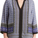 NYDJ  Blue Black White Boho Mixed Print V-Neck Blouse‎ Top Size Small Photo 0