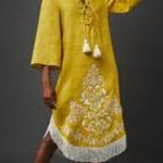 Cara Cara Molly Caftan Yellow Linen Dress White Embroidered Fringed Hem Size XS‎ Photo 0