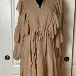 TAUPE POLKA DOT RUFFLE LONG SLEEVE DRESS MODEST Tan Size M Photo 0