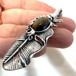 Silver tone feather tigers eye pendant necklace Photo 11