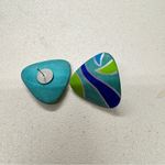 Vintage Blue Green Painted Wood Triangle Earrings Womens 1980s Funky Artsy Photo 5