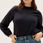 Everlane  The Double-Gauze Shirred Top Cotton High Neck Long Sleeve Black 6 Photo 0