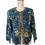 Chico's New  Woman’s Jacket  Watercolor Floral and Animal Print Blue Green, Sz 2  Photo 0