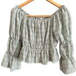 WAYF | Green Gingham Off Shoulder Peasant Shirt - Light Sage | Size Medium Photo 0