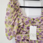 ZARA NWT  Draped Ruched Puff Sleeves Floral Lilac Bodycon Mini Dress Milkmaid XS Photo 6