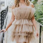 Mable tulle ruffle strapless elegant taupe mini dress women Size Large Photo 3