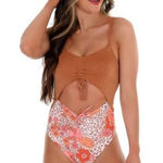Power 2 Flower Cut Out One Piece Swimsuit in Gold Floral Medium Photo 0