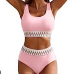 Aimage Pink High Waist Bikini Set Two Piece Swimsuit Cute Swimwear Size M Pink Size M Photo 1