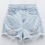 ZARA Blue Denim High Waisted Ripped Distressed Shorts Z1975 Photo 2