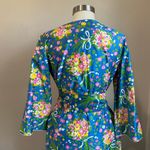 Vintage David Brown Floral Bouquet Cotton Zip Up Belted Caftan Dress Size Small Blue Photo 8
