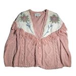 Vtg 1990s Golden Touch Blush Pink Floral Knit Fringe Trim Button Up Cardigan 18W Photo 0