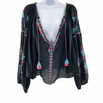 Free People  FP One Embroidered Tassel Tie Top Small Navy Blue Photo 20