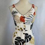 White Tropical Leaf Print Button Front Midi Dress Linen Small Boho Resortwear Photo 2