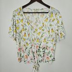 Lily White Blouse Floral Print Top Yellow Pink Green V-Neck Tie Front Casual Photo 7