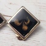 Vintage Clip On Earrings Diamond Shape Black with Dark Gold Pattern 7/8" Photo 2