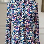 Paco Rabanne Floral Pansy Button Up Mock Neck Peplum Blouse $800 40 8 Blue Photo 0