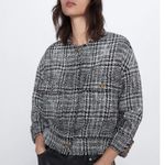 ZARA Women's Black White Plaid Tweed Long Sleeve Crew Neck Coat Jacket Top S Photo 1