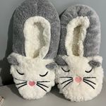 Fuzzy Babba Slippers Gray Kitty Cat House Shoes One Size New Photo 0