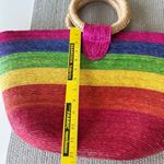 Vintage Pink Rainbow Striped Extra Large Raffia Straw Basket Bag Beach Travel Photo 7