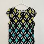 Madison Leigh  Black White Green Geometric Print Short Cap Sleeve Sheath Dress 12 Photo 2