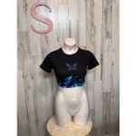 Blue Butterfly Graphic Crop Top Black Short Sleeve Stretch Tee Size Small Photo 2