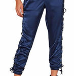 Missguided Blue Satin Lace-Up Side Joggers Pants Elastic Waist Size 10 Photo 0