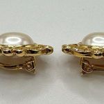Vintage Gold Framed Pearl and Rhinestone Costume Earrings Large Statement Glam Photo 5